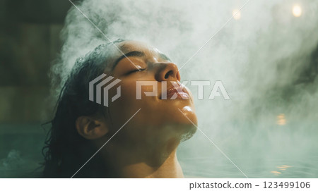 Woman Relaxing in Sauna with Warm Steam Glow 123499106