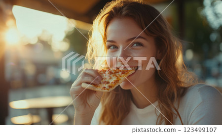 Woman Eating a Pizza Slice in a Cozy Restaurant 123499107