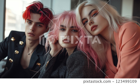 Trendy group of friends with colorful hair and sunglasses. 123499109