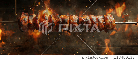Grilled Meat Skewer Over Fire with Sparks 123499133