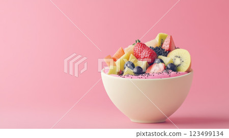 Pink Smoothie Bowl with Fresh Fruits and Granola 123499134