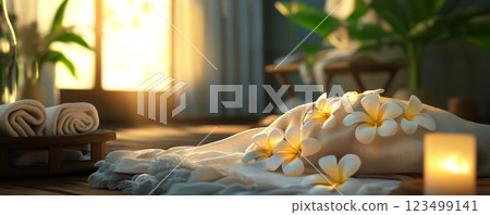Plumeria flowers and candlelight reflections in spa ambiance 123499141