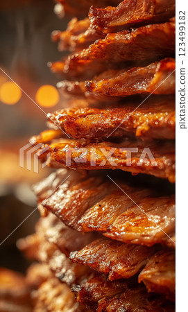 Juicy Grilled Meat on Rotating Spit at a BBQ Stand Juicy Grilled Meat on Rotating Spit at a BBQ Stand 123499182
