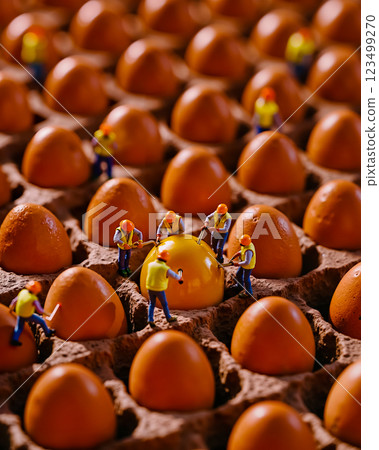 Miniature people working on an egg in a tray of eggs 123499270