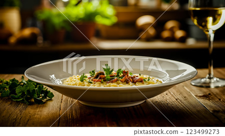 A bowl of pasta and a glass of wine on a table A bowl of pasta and a glass of wine on a table 123499273