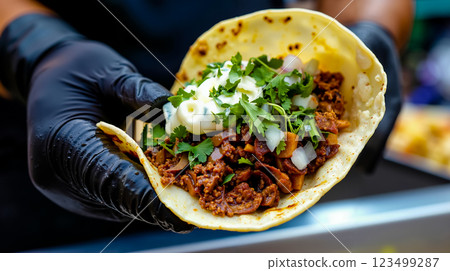 A person holding a taco in their hand 123499287