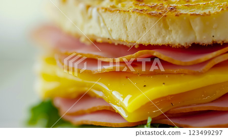 A close up of a sandwich with ham and cheese on it A close up of a sandwich with ham and cheese on it 123499297