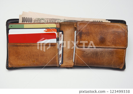 A well-used bi-fold wallet 123499338