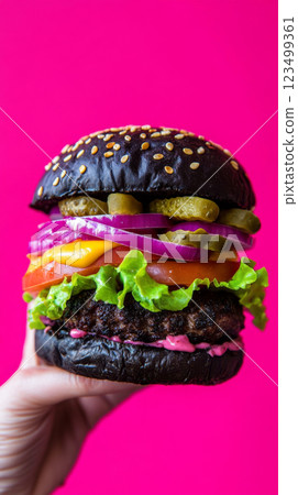 Gourmet Black Bun Burger with Fresh Ingredients on Vibrant Background 123499361