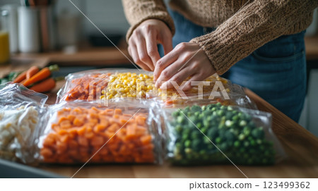 Person Organizing Frozen Vegetables in Kitchen 123499362