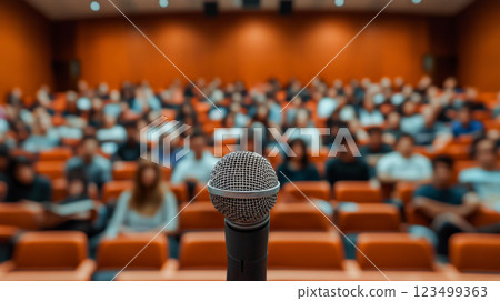 Microphone Facing Audience in a Lecture Hall Microphone Facing Audience in a Lecture Hall 123499363
