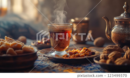 Elegant Arabic Tea with Nuts and Dried Fruits 123499370