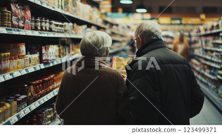 Elderly couple reading product labels in grocery store 123499371