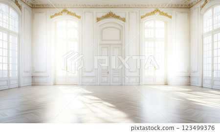 Elegant Sunlit Ballroom with Classic Architectural Details Elegant Sunlit Ballroom with Classic Architectural Details 123499376