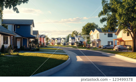 Scenic suburban neighborhood with colorful modern houses 123499378