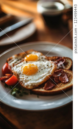 Classic Farmhouse Breakfast with Eggs and Bacon 123499443