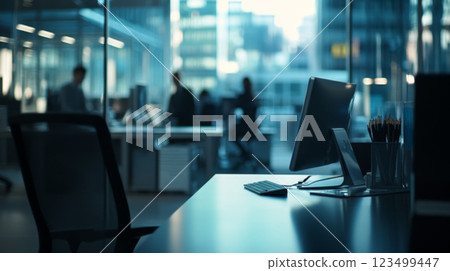 Modern Office Workspace with Computer and City View 123499447