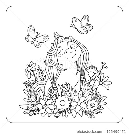 Cute unicorn pony looks up at butterflies. Childish coloring book with animals, flowers, plants. Simple vector sketch illustration. 123499451