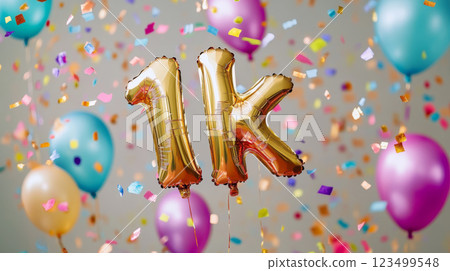 1k Number Balloons with Colorful Confetti Background 123499548