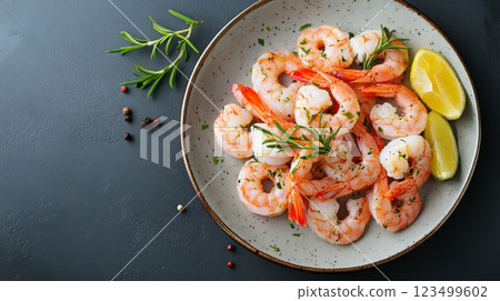 Juicy Boiled Shrimp with Fresh Dill and Lime 123499602