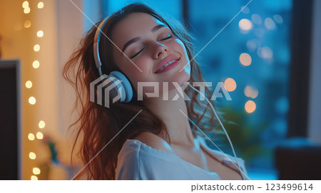 Relaxed Woman Listening to Music with Headphones 123499614