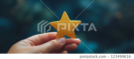 Hand Holding a Gold Star on Dark Background 123499616