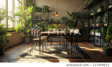 Dining Area Surrounded by Lush Green Plants 123499623