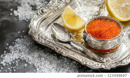 Red Caviar and Lemon in Glass with Vodka 123499697