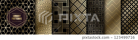 Collection of seamless luxury geometric patterns - gold art deco design. Repeatable ornamental elegant royal golden backgrounds. Symmetry endless vintage prints Collection of seamless luxury geometric patterns - gold art deco design. Repeatable ornamental elegant royal golden backgrounds. Symmetry endless vintage prints 123499716