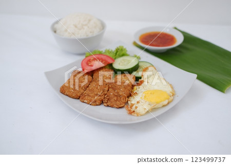 Fried tempeh cutlet with rice and fried egg on white plate Fried tempeh cutlet with rice and fried egg on white plate 123499737