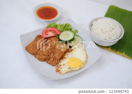 Fried tempeh cutlet with rice and fried egg on white plate Fried tempeh cutlet with rice and fried egg on white plate 123499743