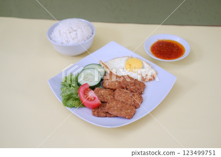 Fried tempeh cutlet with rice and fried egg on white plate 123499751
