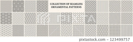 Collection of seamless ornamental vector patterns. Beige elegant oriental vintage backgrounds. Geometric tile mosaic luxury design. Grid texture - unusual prints Collection of seamless ornamental vector patterns. Beige elegant oriental vintage backgrounds. Geometric tile mosaic luxury design. Grid texture - unusual prints 123499757