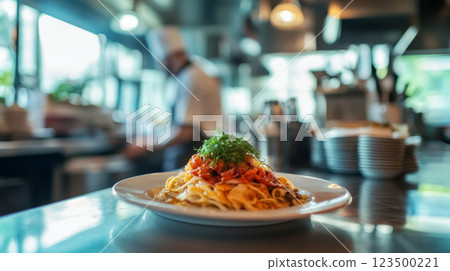 Pasta Dish in Professional Kitchen 123500221
