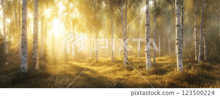 Sunlit Birch Forest at Sunrise 123500224