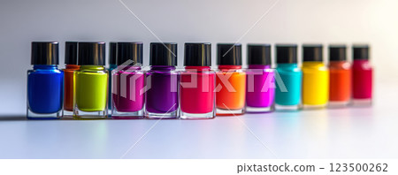 Vibrant Nail Polish Bottles in a Row 123500262