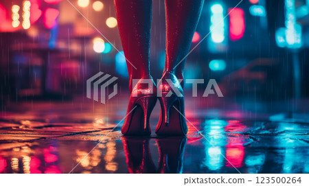 Woman in High Heels Walking on Wet Street at Night 123500264