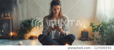 Woman Reading Tarot Cards in Candlelit Room 123500350