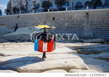 Garbage sorting can on Fond Ghadir beach on Malta Garbage sorting can on Fond Ghadir beach on Malta 123500421