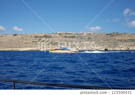 Ferry on Gozo island sailing in the sea on Malta 123500431