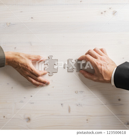 Hands of a businesswoman and businessman connecting two puzzle pieces together 123500618