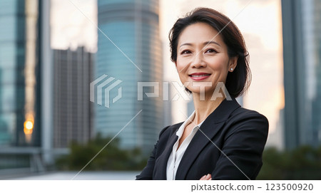 beautiful asian girl business worker in suit against background of high-rise modern buildings 123500920