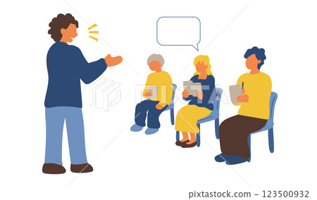 A simple illustration of a man giving an explanation and people listening 123500932
