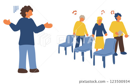 A simple illustration of a man explaining to people who are angry and leaving 123500934