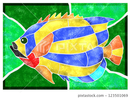Beautiful tropical fish, striped angelfish, tile cutout illustration, with background 123501069