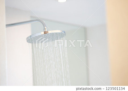 Cold Water was pouring out from a large shower in the bathroom with a glass window. Cold Water was pouring out from a large shower in the bathroom with a glass window. 123501134