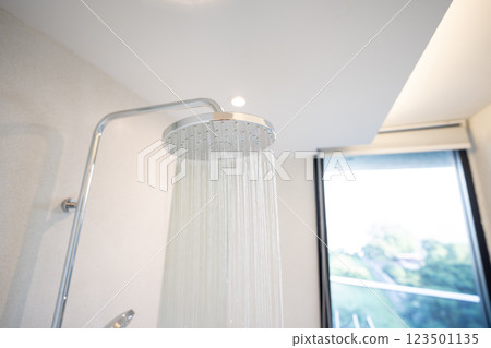 Cold Water was pouring out from a large shower in the bathroom with a glass window. Cold Water was pouring out from a large shower in the bathroom with a glass window. 123501135