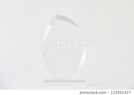 The shot of the blank transparent glass award trophy on a white background, the custom laser cut of the transparent crystal prize. The shot of the blank transparent glass award trophy on a white background, the custom laser cut of the transparent crystal prize. 123501427