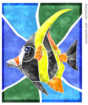 Cute tropical fish Moorish idol tile cutout illustration with background 123501502