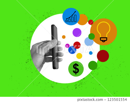 Collage with a phone and symbols of income. Represents creativity and earning money. 123501554
